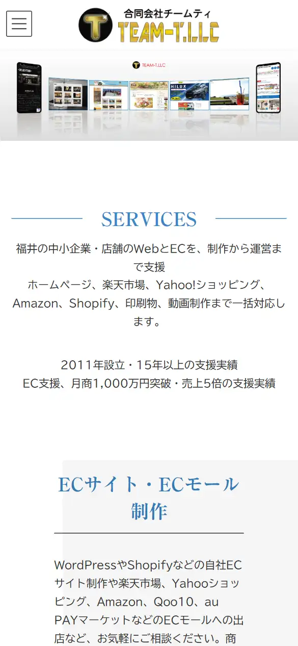 合同会社TEAM-Tの公式サイトの画面(スマートフォン)