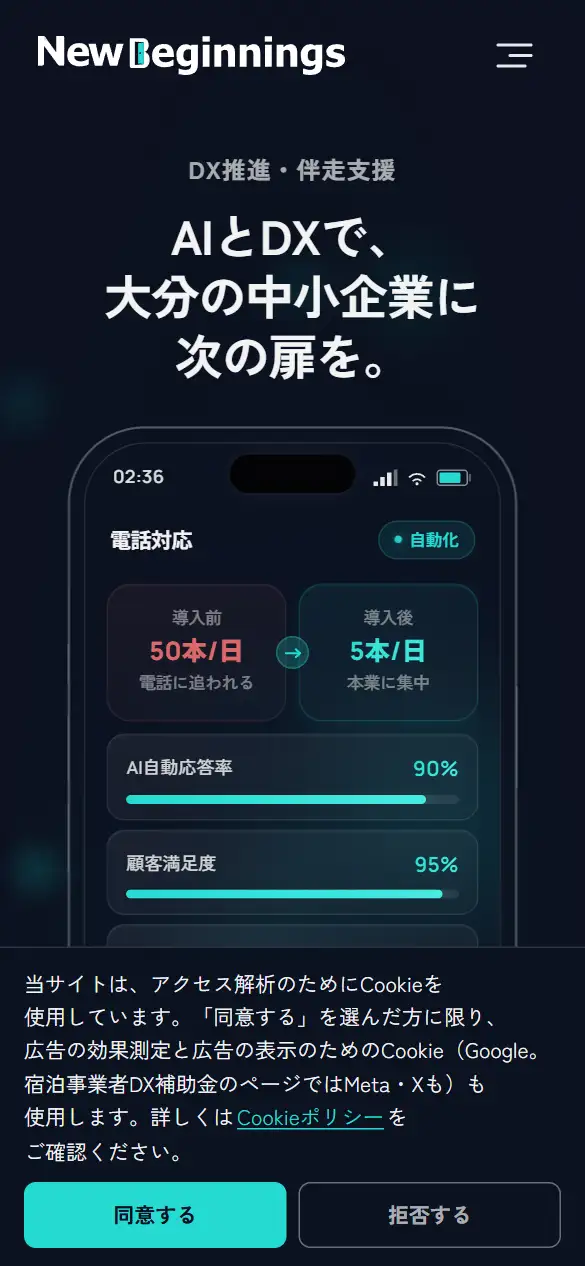 株式会社NewBeginningsの公式サイトの画面(スマートフォン)