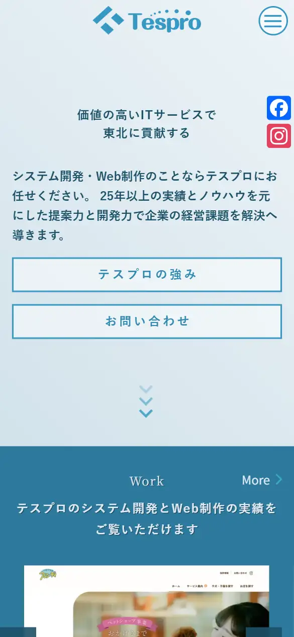 株式会社テスプロの公式サイトの画面(スマートフォン)